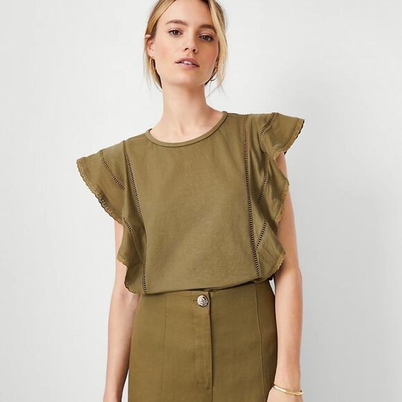 Ann Taylor Womens Flutter Sleeve Blouse Size Small Olive Green Office Minimalist - Picture 2 of 6